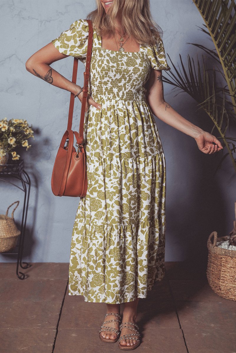 Yellow Boho Floral Square Neck Smocked Bust Puff Sleeve Dress - Love Salve 