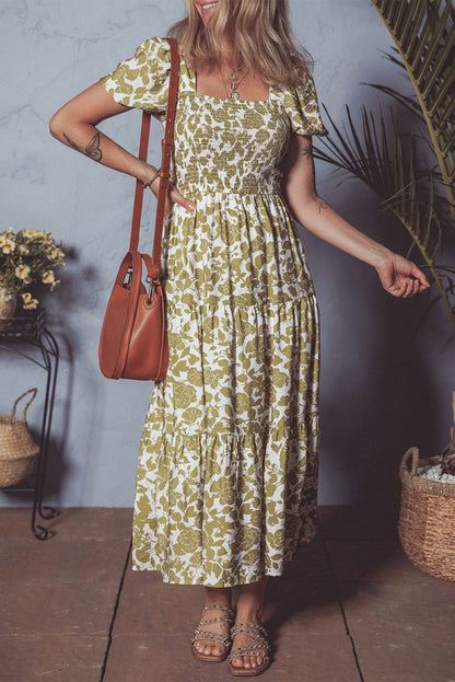 Yellow Boho Floral Square Neck Smocked Bust Puff Sleeve Dress - Love Salve 