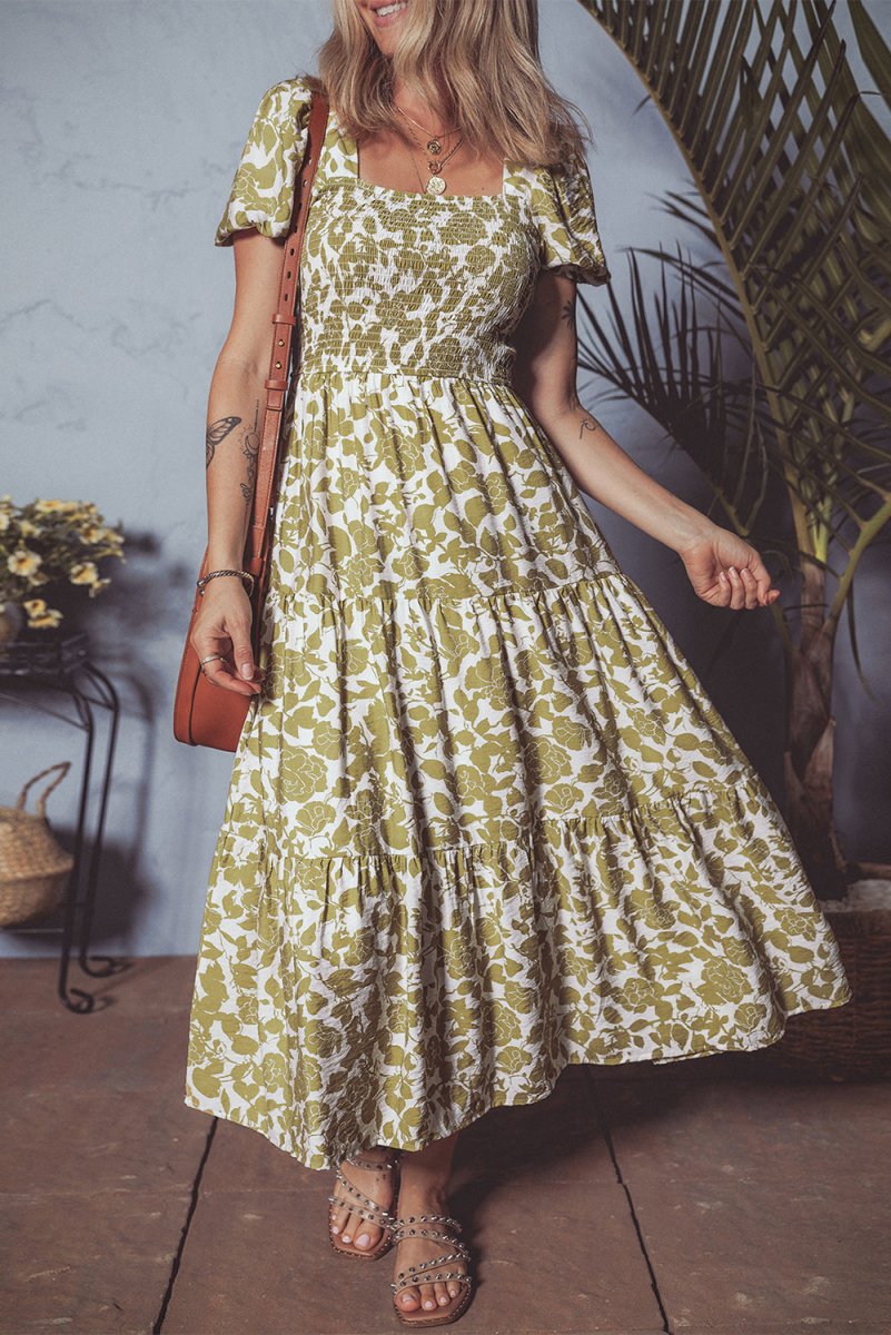 Yellow Boho Floral Square Neck Smocked Bust Puff Sleeve Dress - Love Salve 