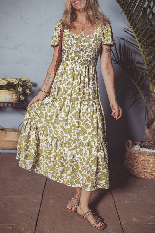 Yellow Boho Floral Square Neck Smocked Bust Puff Sleeve Dress - Love Salve 