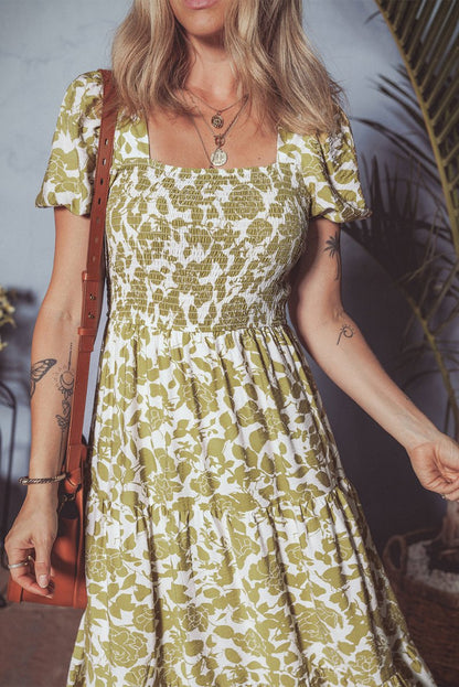 Yellow Boho Floral Square Neck Smocked Bust Puff Sleeve Dress - Love Salve 