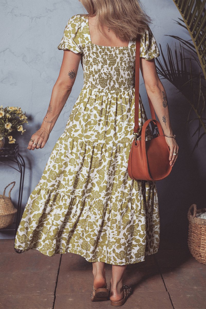 Yellow Boho Floral Square Neck Smocked Bust Puff Sleeve Dress - Love Salve 