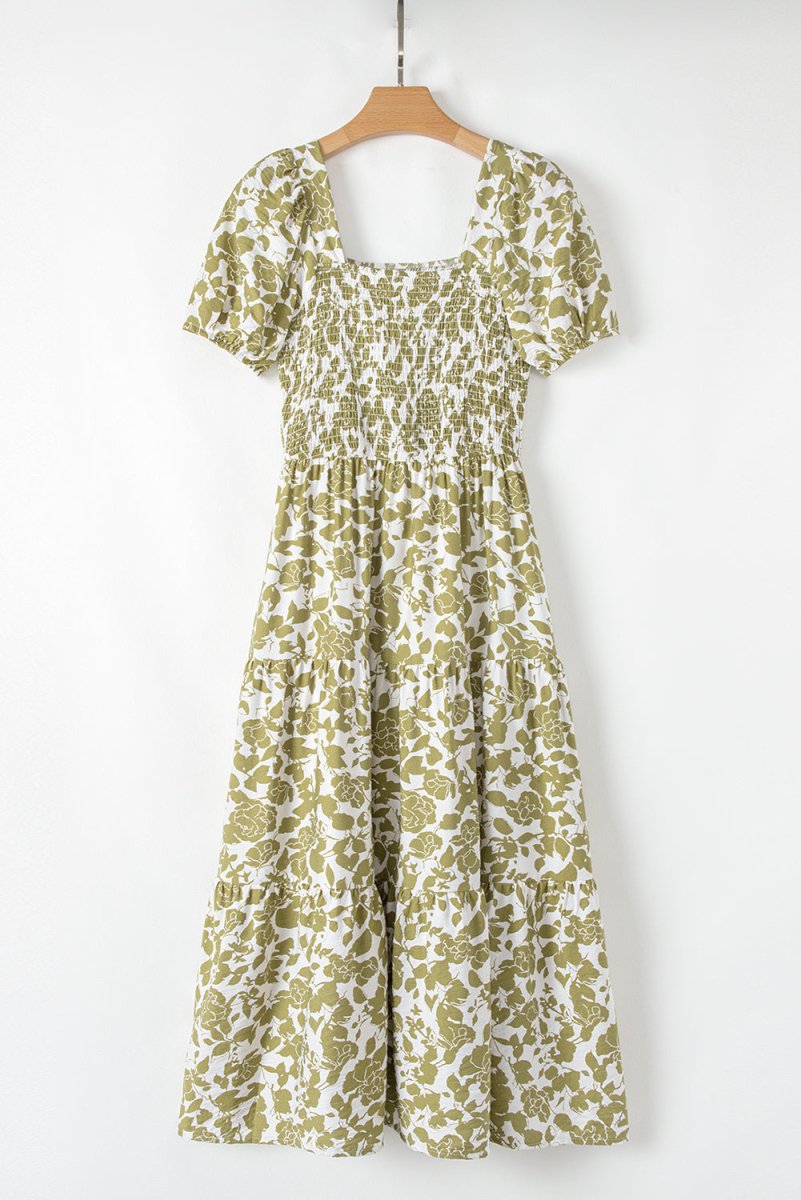 Yellow Boho Floral Square Neck Smocked Bust Puff Sleeve Dress - Love Salve 