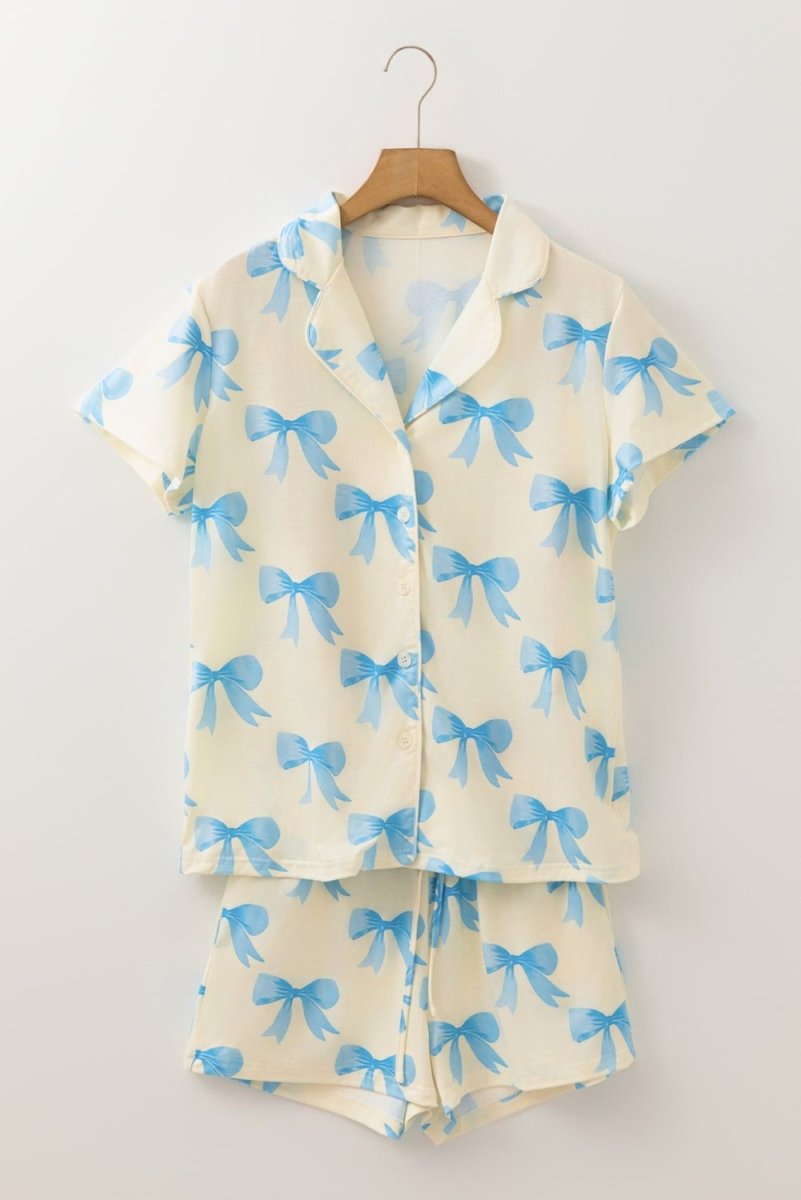 Yellow Bow Printed Short Sleeve Shirt Shorts Pajama Set - Love Salve 