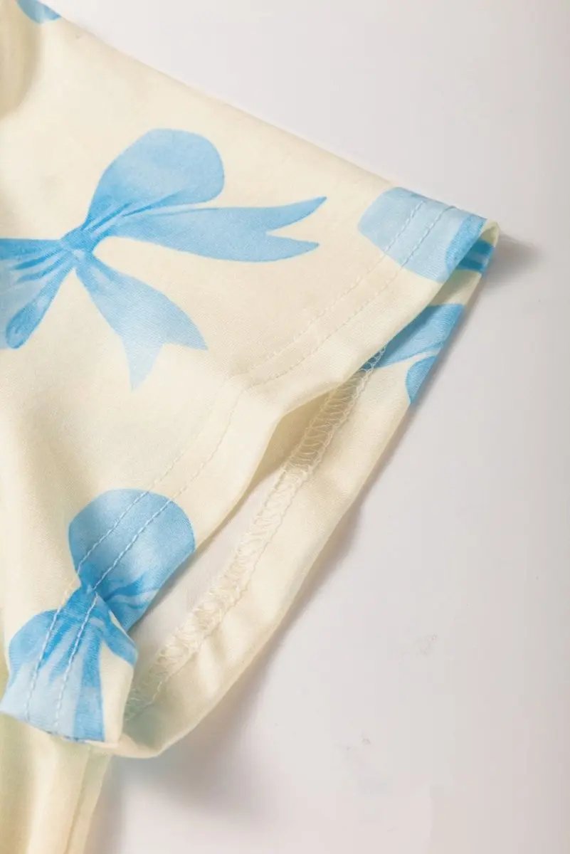 Yellow Bow Printed Short Sleeve Shirt Shorts Pajama Set - Love Salve 