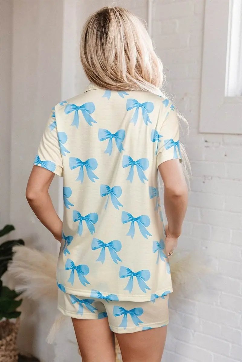 Yellow Bow Printed Short Sleeve Shirt Shorts Pajama Set - Love Salve 