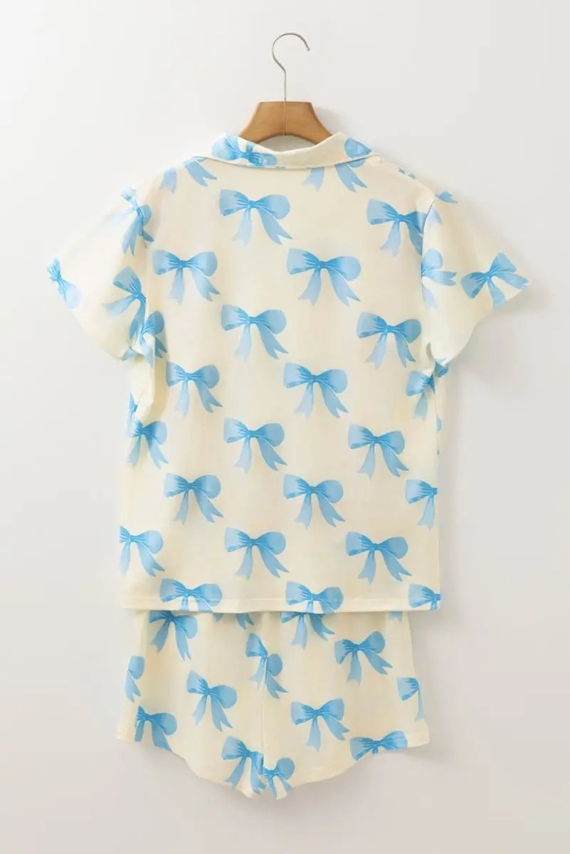 Yellow Bow Printed Short Sleeve Shirt Shorts Pajama Set - Love Salve 