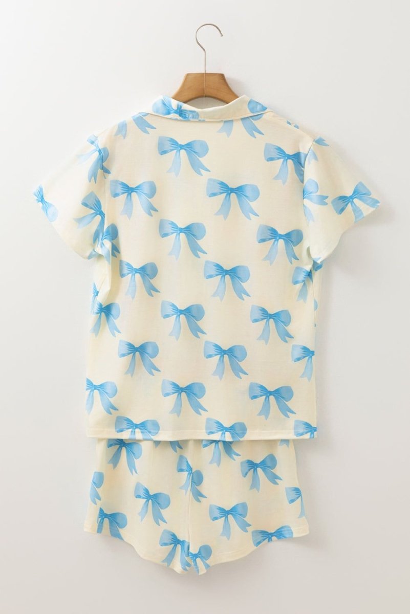 Yellow Bow Printed Short Sleeve Shirt Shorts Pajama Set - Love Salve 