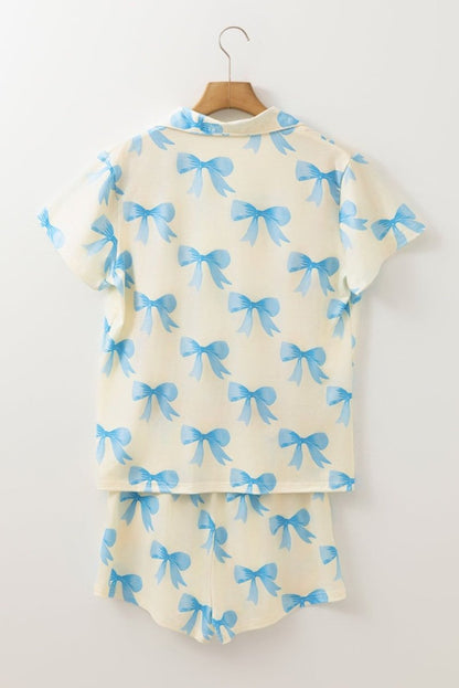 Yellow Bow Printed Short Sleeve Shirt Shorts Pajama Set - Love Salve 