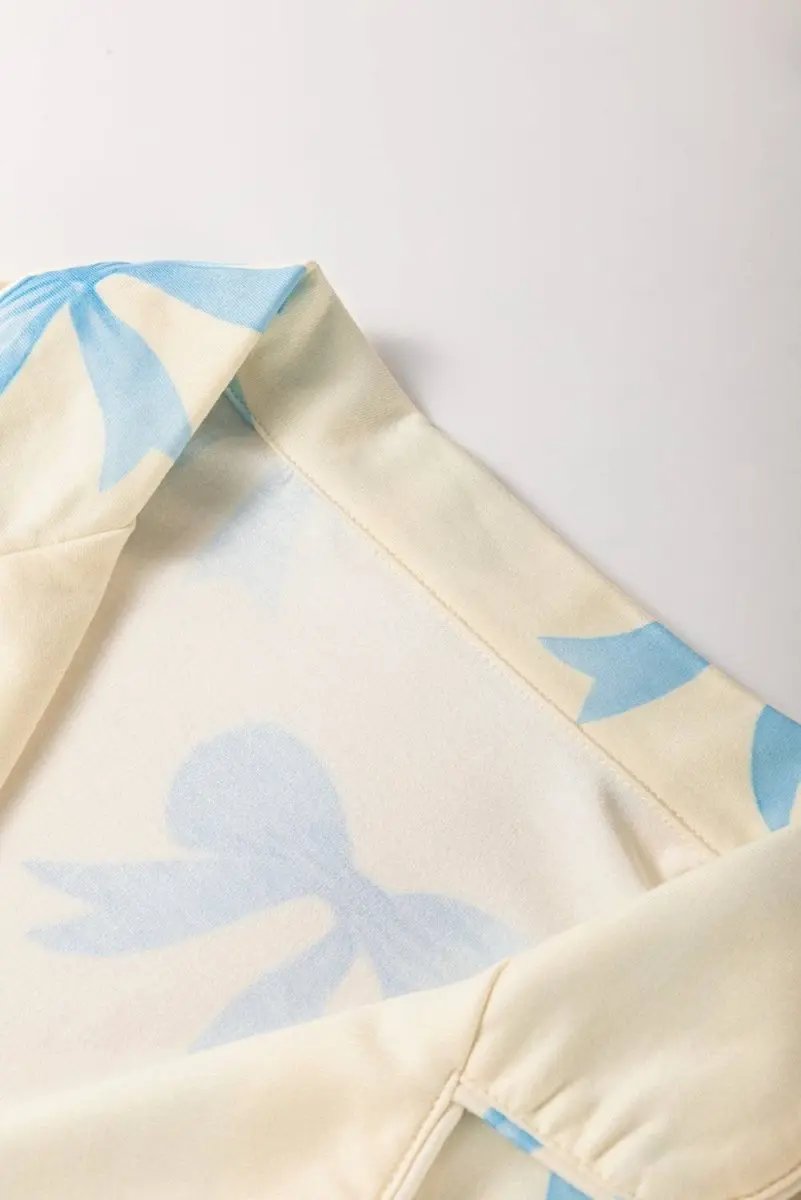 Yellow Bow Printed Short Sleeve Shirt Shorts Pajama Set - Love Salve 