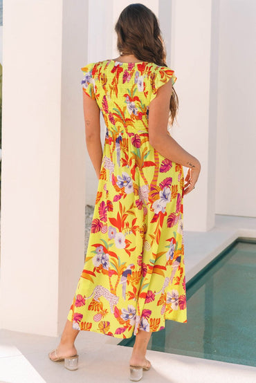 Yellow Cheetah Plant Print Shirred Button V Neck Maxi Dress - Love Salve 