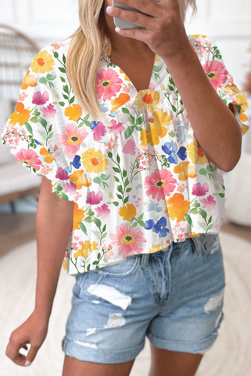 Yellow Floral Boxy Fit Ruffled Short Sleeve V Neck Blouse - Love Salve 