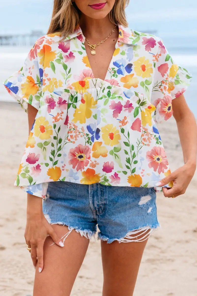 Yellow Floral Boxy Fit Ruffled Short Sleeve V Neck Blouse - Love Salve 