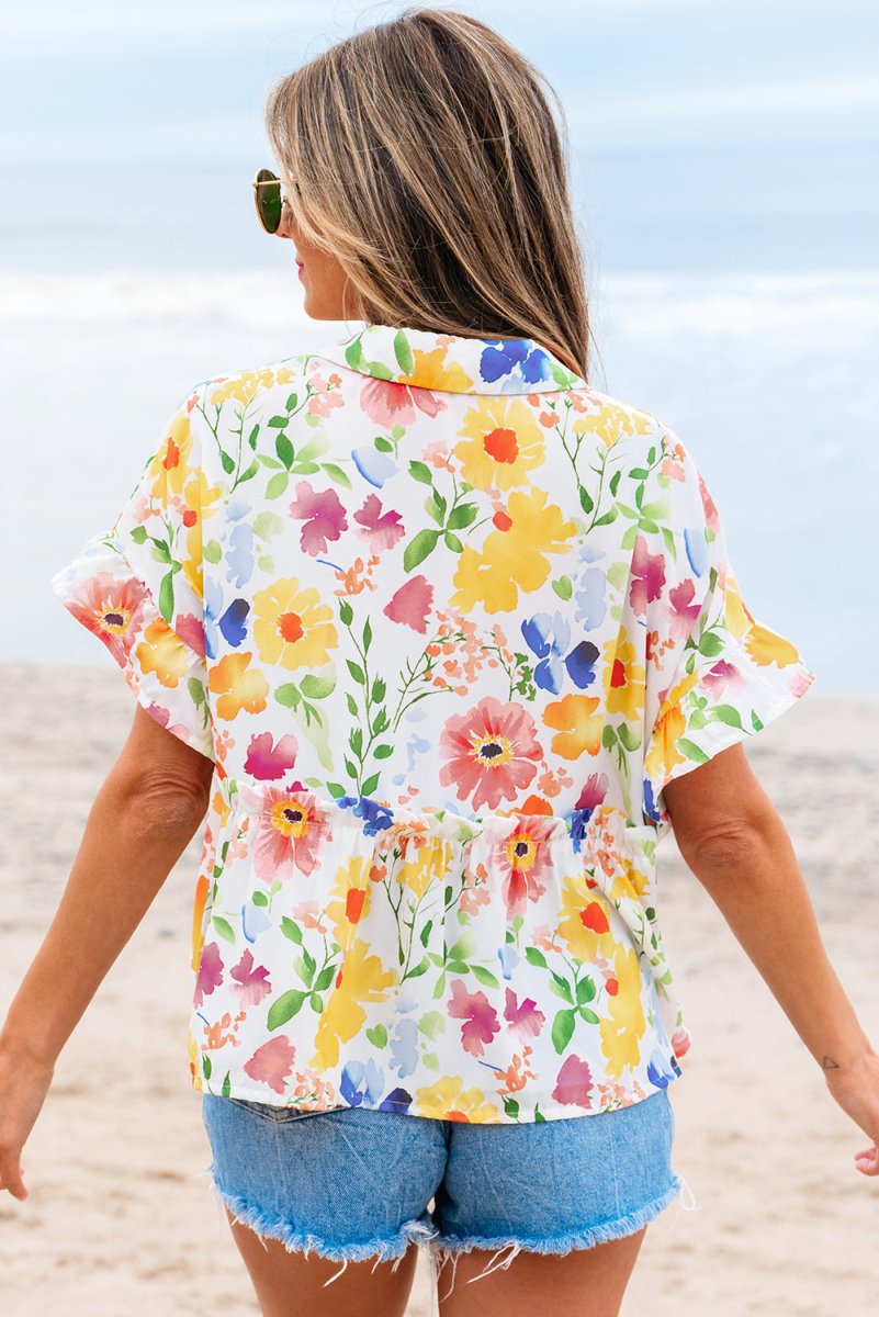 Yellow Floral Boxy Fit Ruffled Short Sleeve V Neck Blouse - Love Salve 