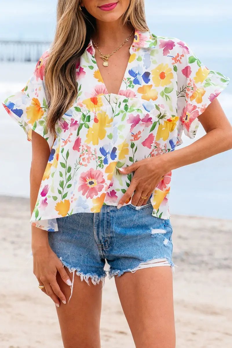 Yellow Floral Boxy Fit Ruffled Short Sleeve V Neck Blouse - Love Salve 