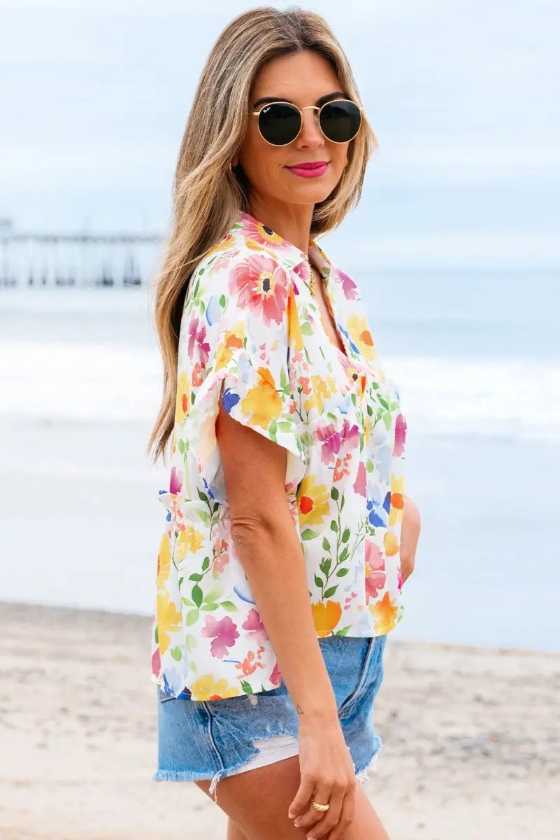 Yellow Floral Boxy Fit Ruffled Short Sleeve V Neck Blouse - Love Salve 