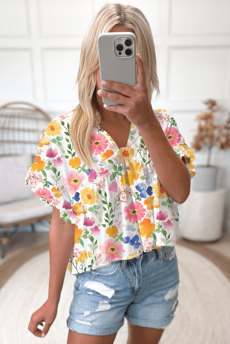 Yellow Floral Boxy Fit Ruffled Short Sleeve V Neck Blouse - Love Salve 