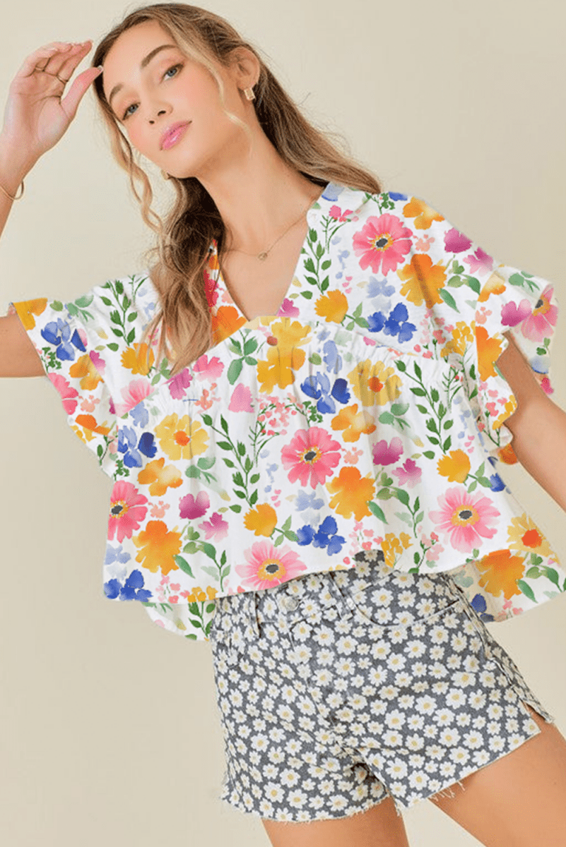 Yellow Floral Boxy Fit Ruffled Short Sleeve V Neck Blouse - Love Salve 