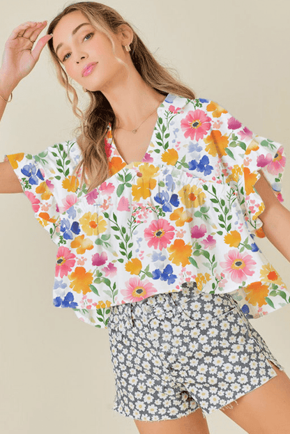 Yellow Floral Boxy Fit Ruffled Short Sleeve V Neck Blouse - Love Salve 