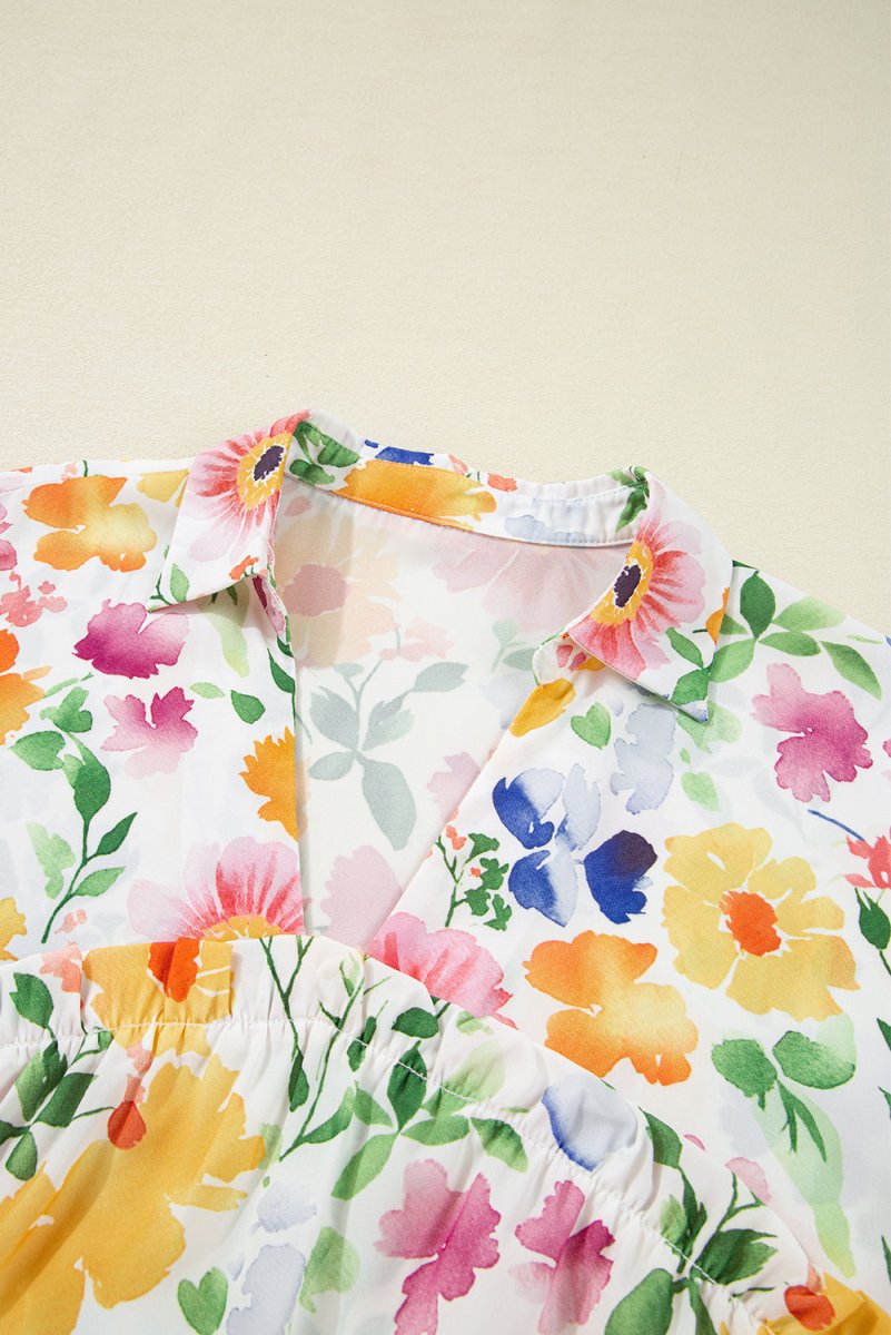 Yellow Floral Boxy Fit Ruffled Short Sleeve V Neck Blouse - Love Salve 
