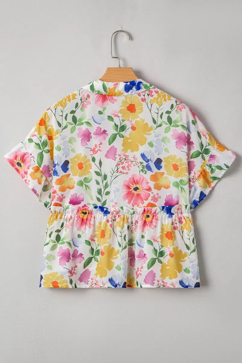 Yellow Floral Boxy Fit Ruffled Short Sleeve V Neck Blouse - Love Salve 