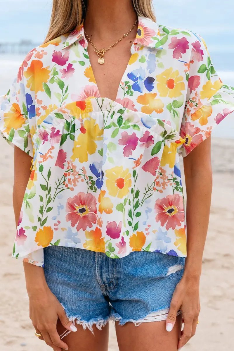 Yellow Floral Boxy Fit Ruffled Short Sleeve V Neck Blouse - Love Salve 