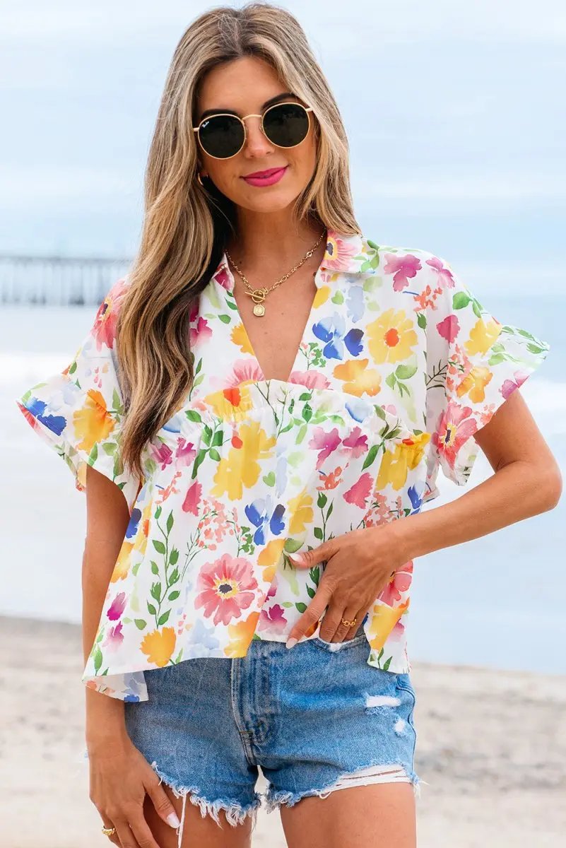 Yellow Floral Boxy Fit Ruffled Short Sleeve V Neck Blouse - Love Salve 