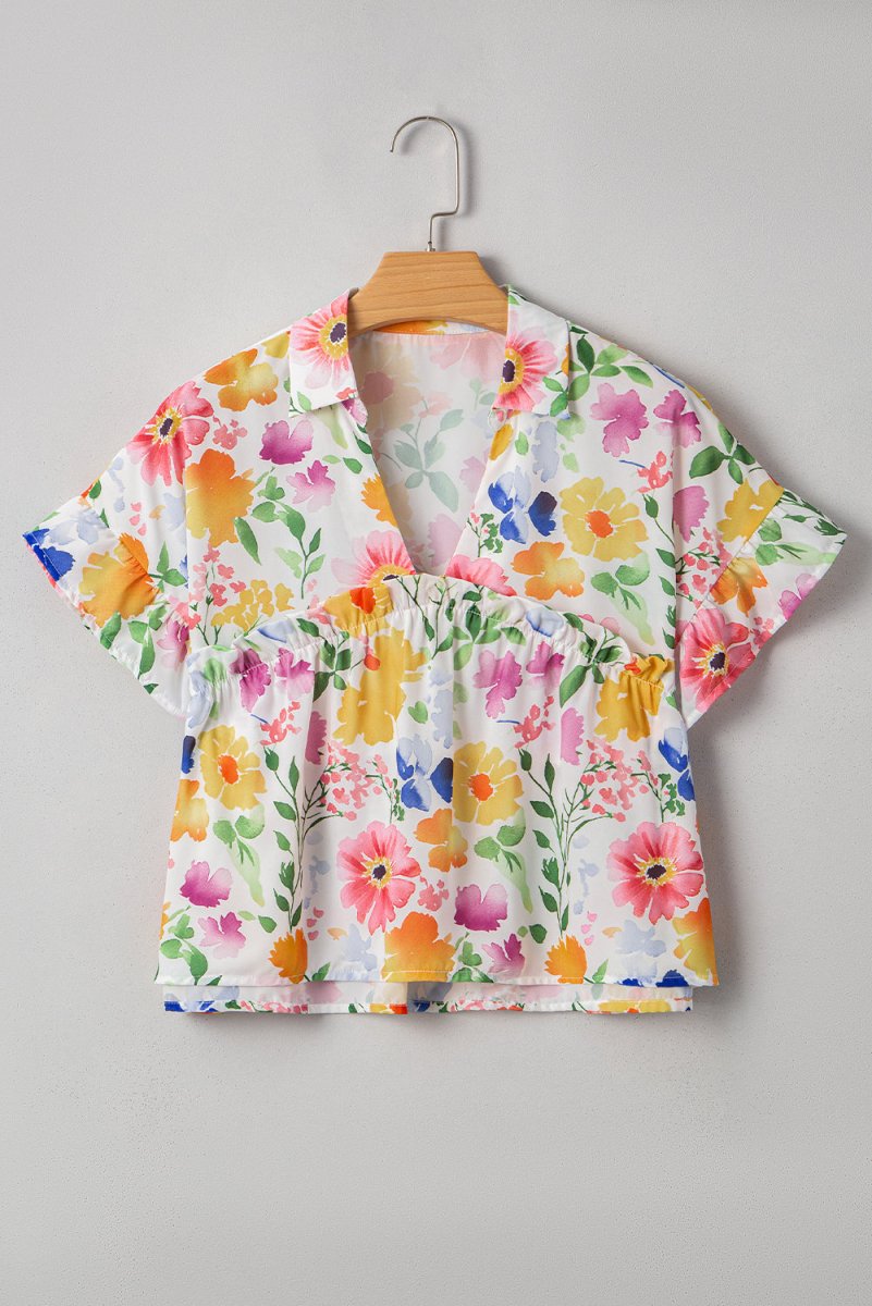 Yellow Floral Boxy Fit Ruffled Short Sleeve V Neck Blouse - Love Salve 