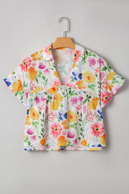 Yellow Floral Boxy Fit Ruffled Short Sleeve V Neck Blouse - Love Salve 