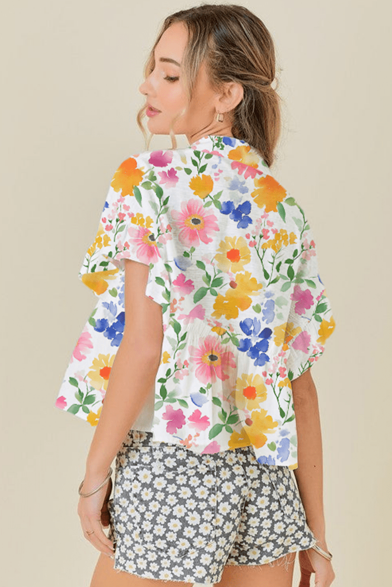 Yellow Floral Boxy Fit Ruffled Short Sleeve V Neck Blouse - Love Salve 