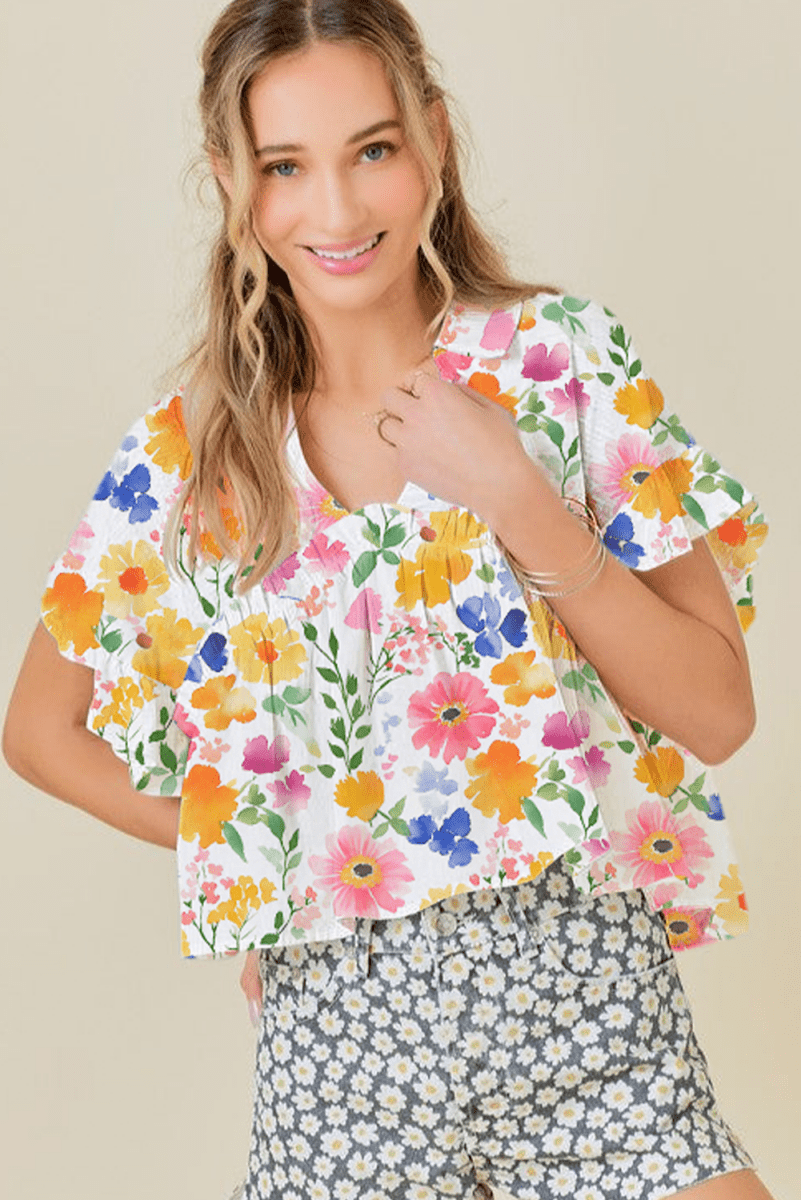 Yellow Floral Boxy Fit Ruffled Short Sleeve V Neck Blouse - Love Salve 