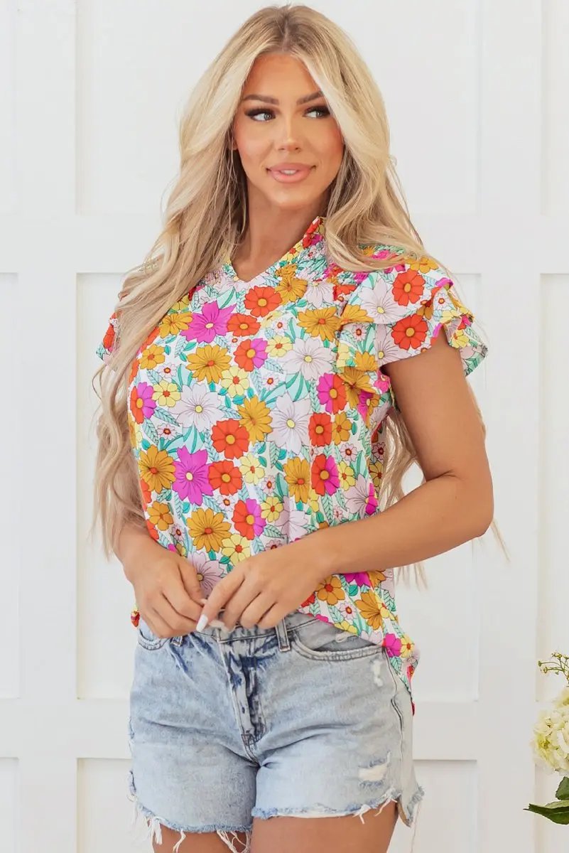 Yellow Floral Print Shirred Tiered Ruffled Sleeve Blouse - Love Salve 