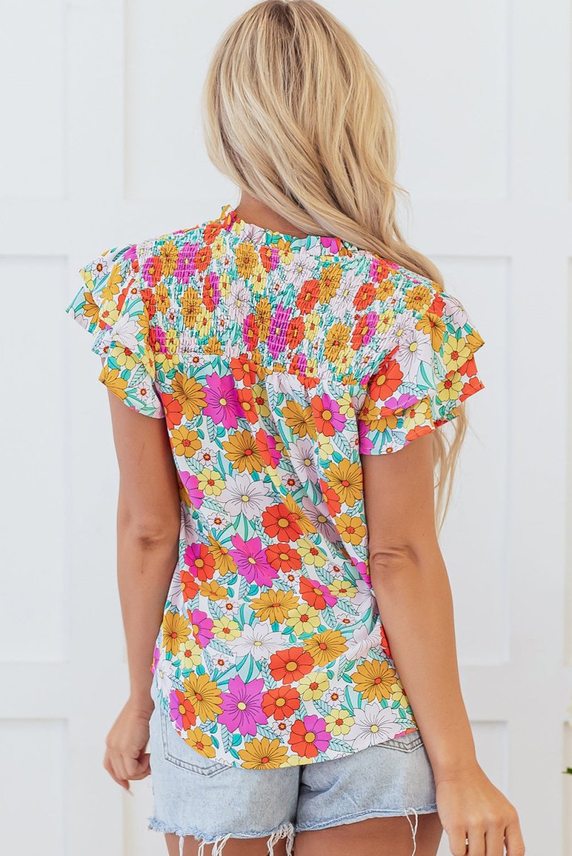 Yellow Floral Print Shirred Tiered Ruffled Sleeve Blouse - Love Salve