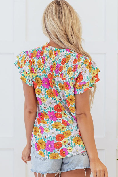 Yellow Floral Print Shirred Tiered Ruffled Sleeve Blouse - Love Salve