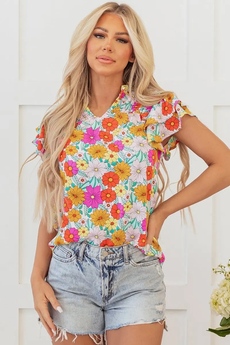 Yellow Floral Print Shirred Tiered Ruffled Sleeve Blouse - Love Salve 