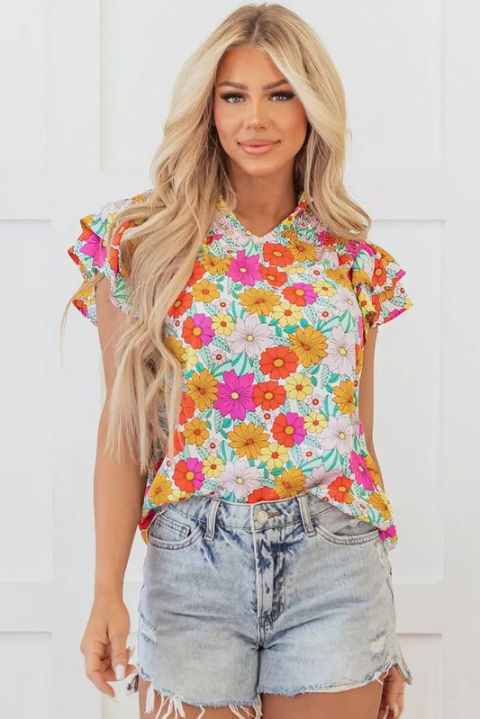 Yellow Floral Print Shirred Tiered Ruffled Sleeve Blouse - Love Salve 