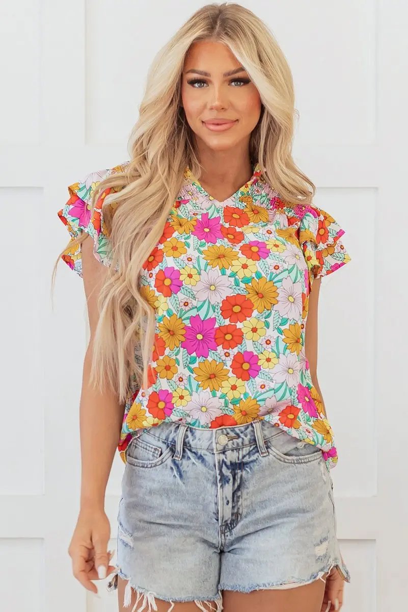 Yellow Floral Print Shirred Tiered Ruffled Sleeve Blouse - Love Salve 