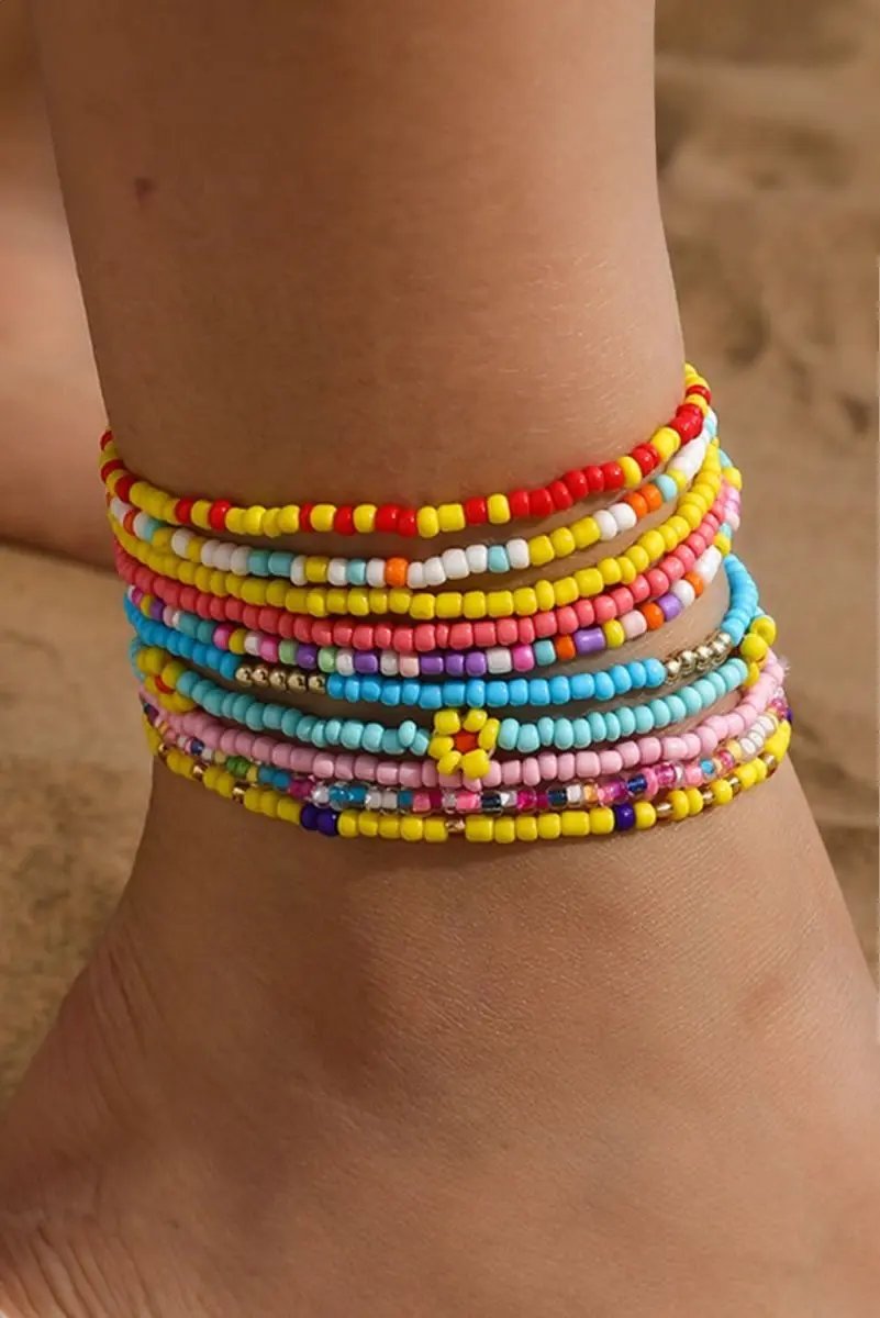 Yellow Flower Random Color Multi Layered Beaded Anklet Set - Love Salve 
