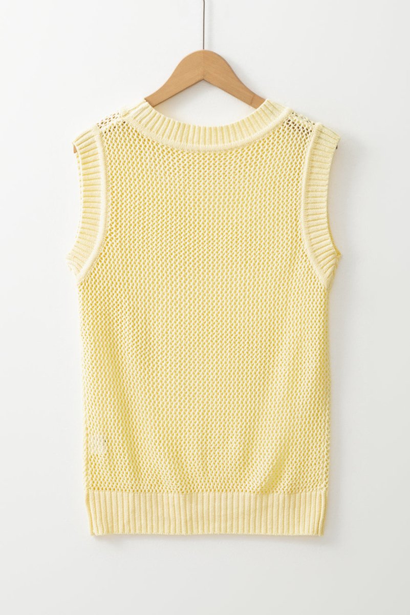 Yellow Solid Color Hollowed Knit Round Neck Sweater Vest - Love Salve 