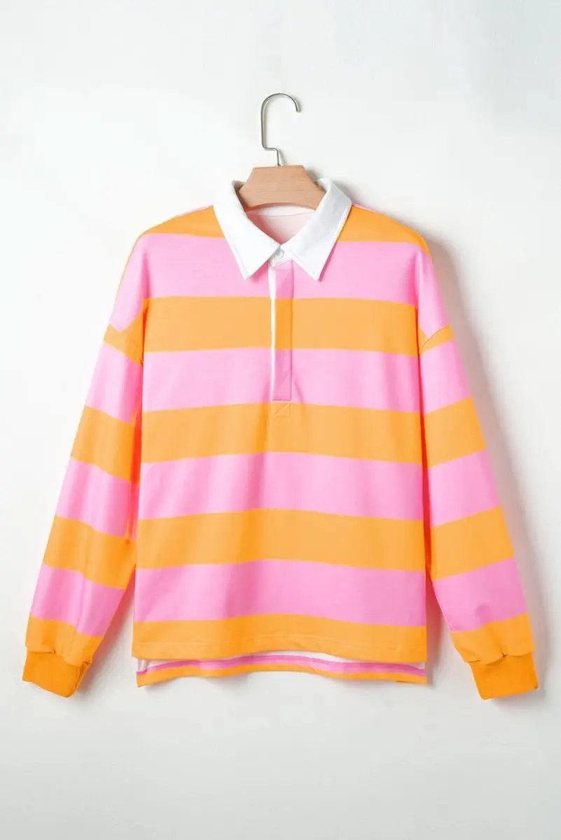 Yellow Stripe Color Block Polo Collar Sweatshirt - Love Salve 