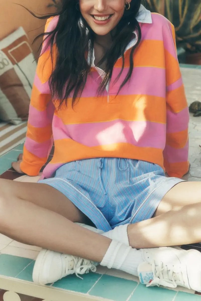 Yellow Stripe Color Block Polo Collar Sweatshirt - Love Salve 