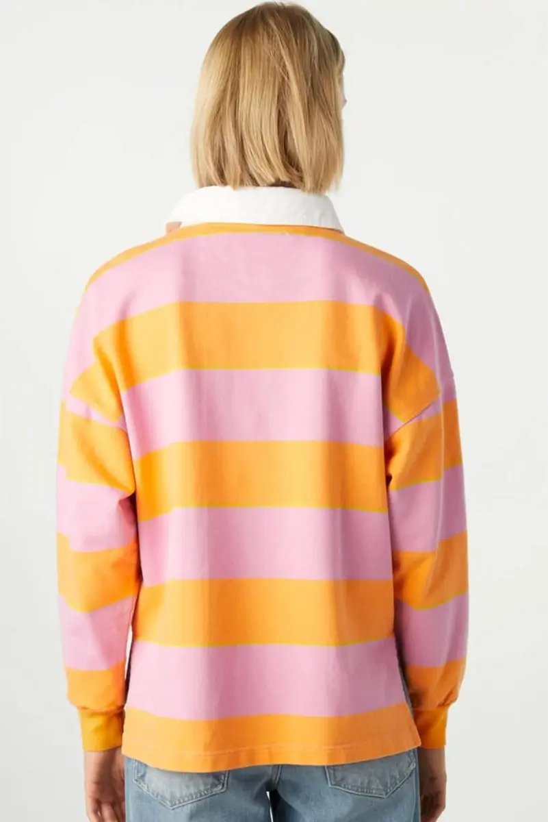 Yellow Stripe Color Block Polo Collar Sweatshirt - Love Salve 