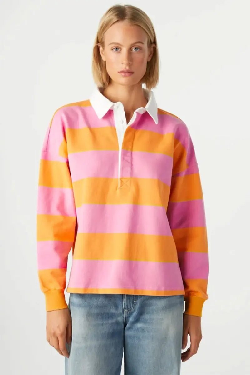 Yellow Stripe Color Block Polo Collar Sweatshirt - Love Salve 