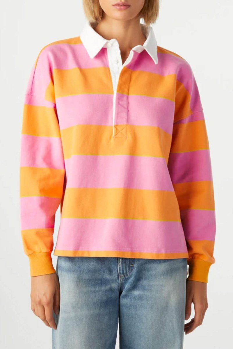 Yellow Stripe Color Block Polo Collar Sweatshirt - Love Salve 