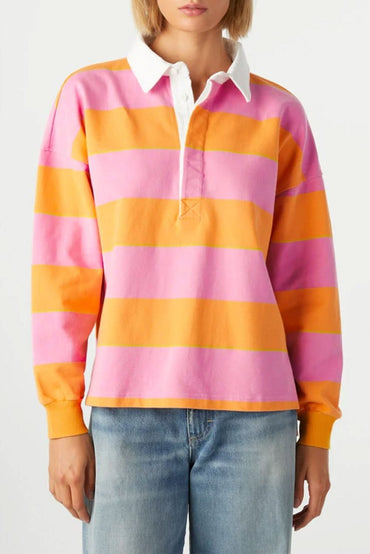 Yellow Stripe Color Block Polo Collar Sweatshirt - Love Salve 