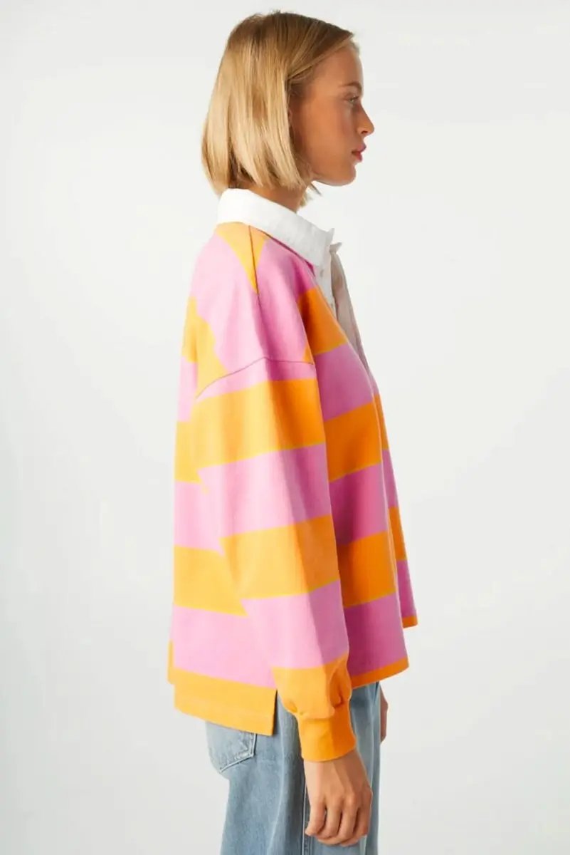 Yellow Stripe Color Block Polo Collar Sweatshirt - Love Salve 