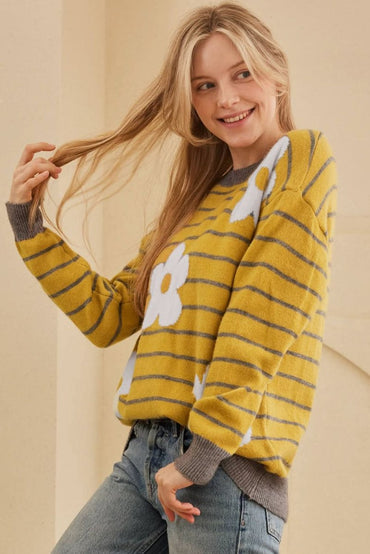 Yellow Stripe Daisy Floral Knitted Round Neck Sweater - Love Salve 