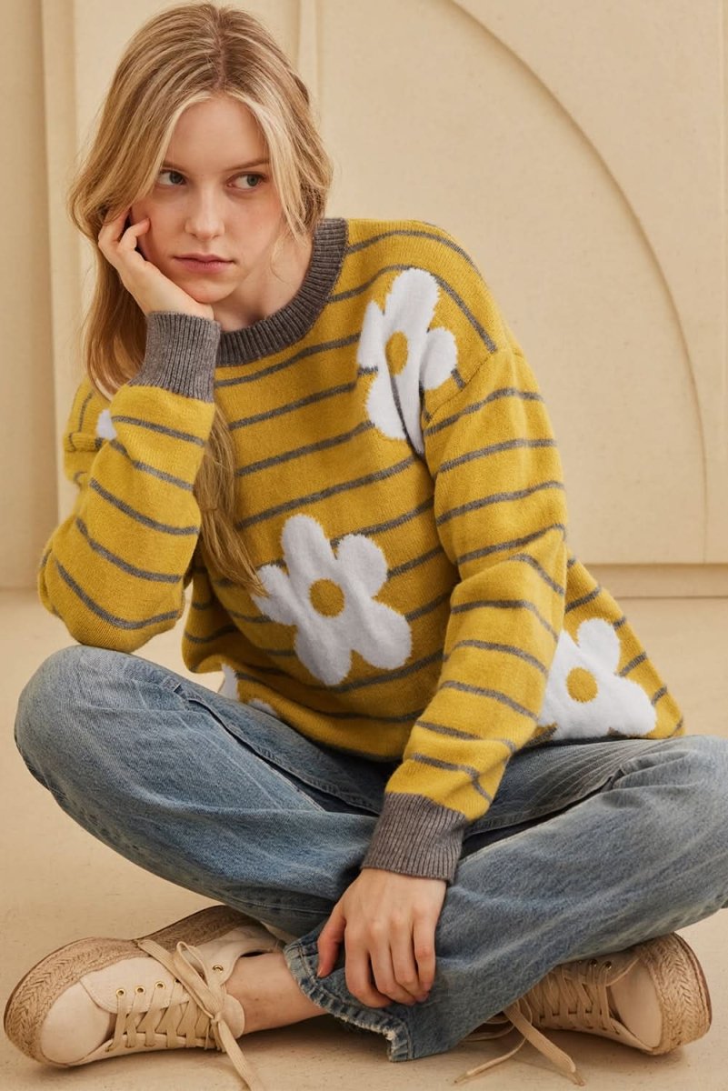 Yellow Stripe Daisy Floral Knitted Round Neck Sweater - Love Salve 