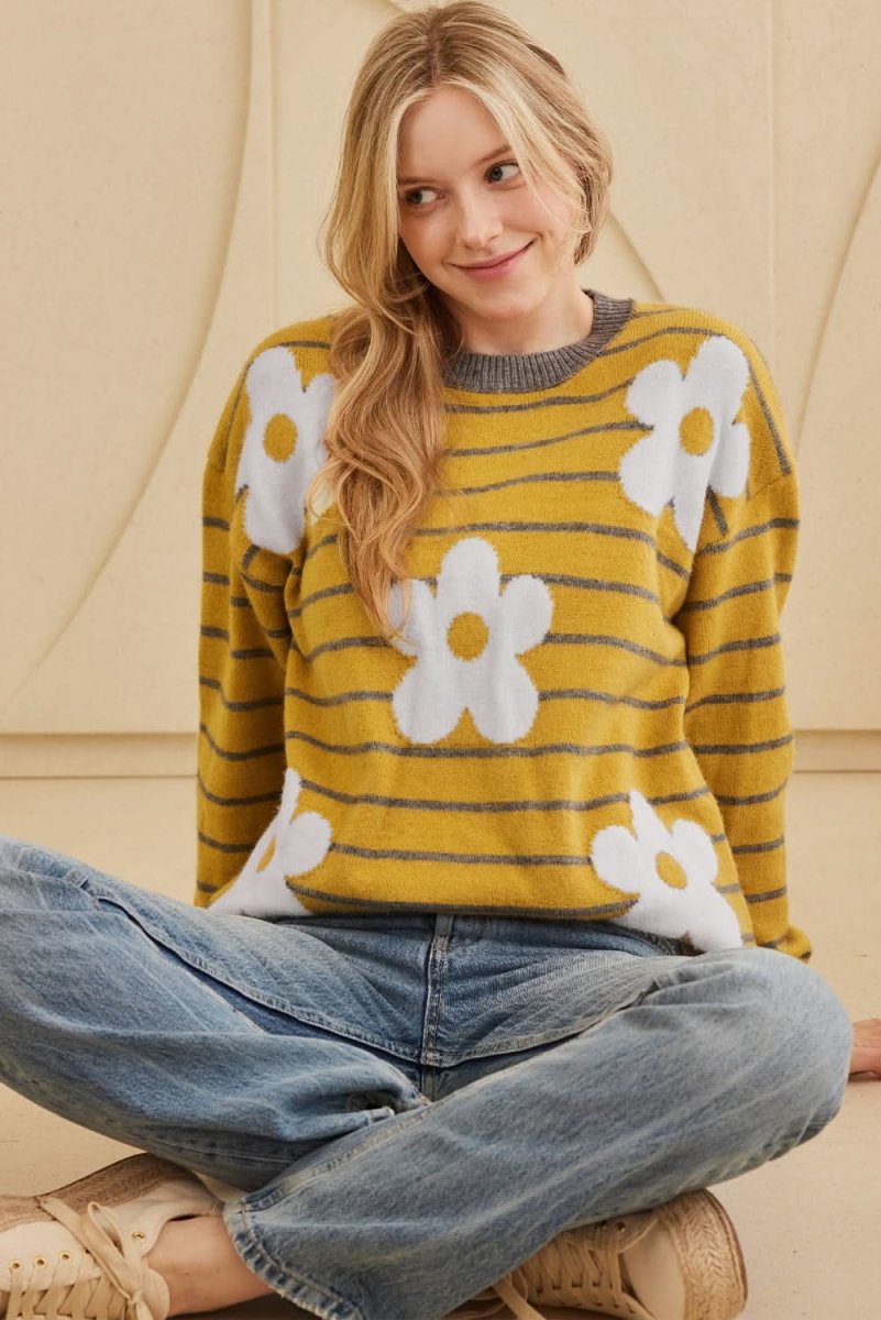 Yellow Stripe Daisy Floral Knitted Round Neck Sweater - Love Salve 