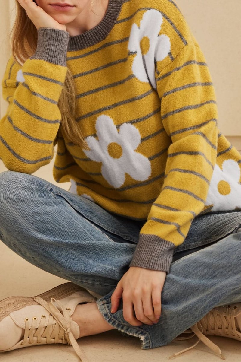 Yellow Stripe Daisy Floral Knitted Round Neck Sweater - Love Salve 